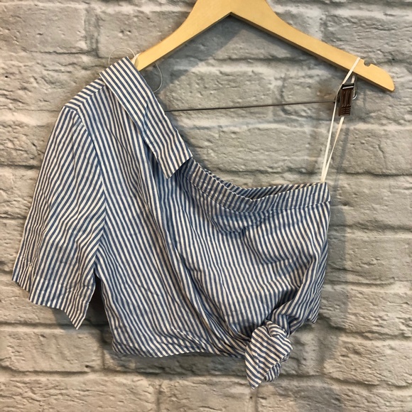 ZARA TRF Blue/White One Shoulder Crop Top - Picture 4 of 8